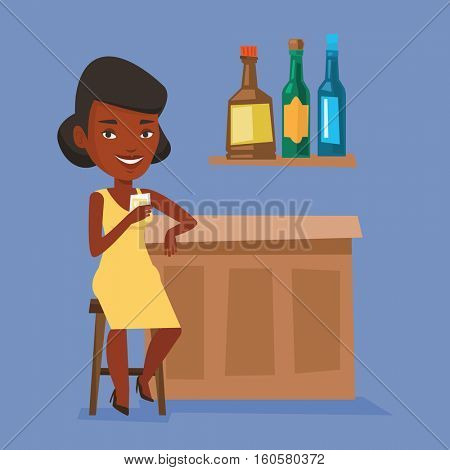 Woman sitting at the bar counter. Woman sitting with glass in bar. An african-american woman sitting alone and celebrating with an alcohol drink in bar. Vector flat design illustration. Square layout.