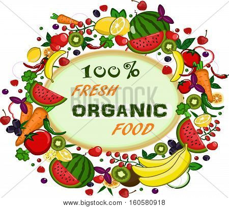 organic vegetarian logo with fresh fruit and vegetables
