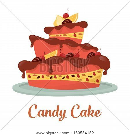 Chocolate cake with cream and lemon logo. Cherry and candy on top of standing confectionery cake banner. For pastry and bakery shop or store, cook or cake gift, wedding or birthday celebration