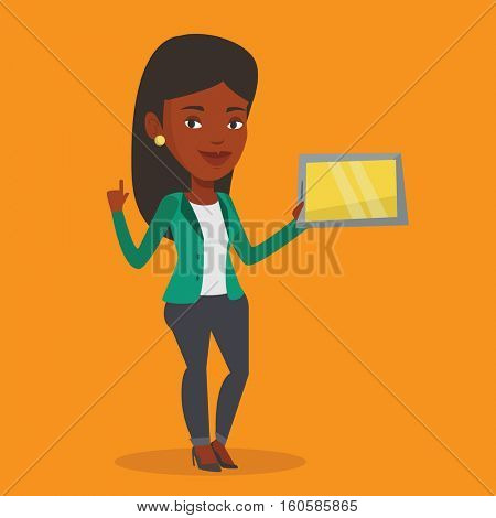 Student using a tablet computer. An african-american student holding tablet computer and pointing forefinger up. Concept of educational technology. Vector flat design illustration. Square layout.