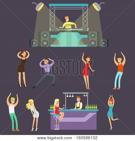 Young Happy People Dancing In Night Club And Drinking In The Bar With DJ Playing Music Cartoon Vector Illustration. Men And Women Having Good Time At The Party On A Dancefloor Drawing