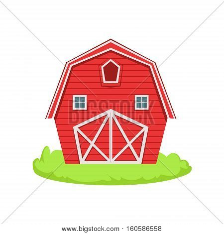 Red Wooden Barn Cartoon Farm Related Element On Patch Of Green Grass. Colorful Vector Illustration With Farming And Rancho Associated Isolated Object.