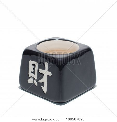 Chinese black cup with white characters on a white background isolated