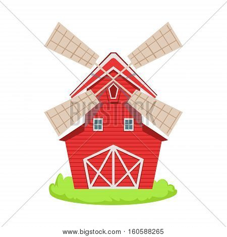 Red Wooden Windmill Cartoon Farm Related Element On Patch Of Green Grass. Colorful Vector Illustration With Farming And Rancho Associated Isolated Object.