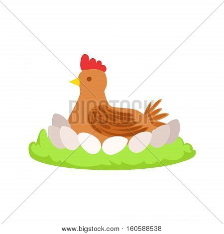Chicken On Nest Cartoon Farm Related Element On Patch Of Green Grass. Colorful Vector Illustration With Farming And Rancho Associated Isolated Object.