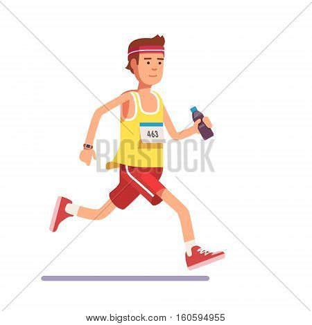 Young man running a marathon with water bottle in hand and number on his chest. Flat style modern vector illustration.