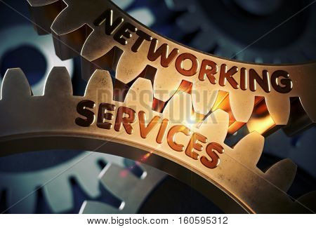 Networking Services on the Golden Cog Gears. Golden Metallic Cog Gears with Networking Services Concept. 3D Rendering.