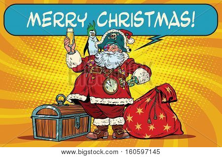 Santa Claus pirate wishes merry Christmas. Pop art retro vector illustration. Christmas character with a penguin on his shoulder. champagne toast