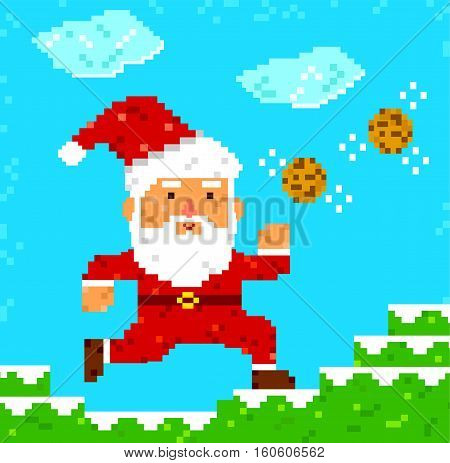 retro 8 bit pixel Santa Clause catching cookies