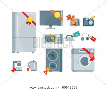 Sale and discount household appliances with red tags in flat style. Household appliances devices with percent discount stickers. Black friday. Illustration for electronics stores advertising. Vector