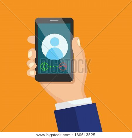 Receiving phone call concept. Dialling, calling on the mobile phone. Hand holding smart phone in modern flat style design.
