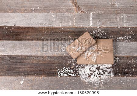 Christmas decoration gift box on wooden background