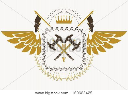 Vintage Heraldry Design Template With Bird Wings, Vector Emblem Created With Royal Crown And Hatchet