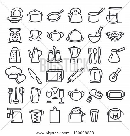 Set of modern thin line icons home tableware household and kitchen utensils