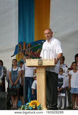 LUTSK UKRAINE - 24 August 2012: People's deputy of Ukraine Ihor Palytsia delivers a speech during the celebration of Independence Day