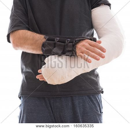 Young Man Wearing A Long Arm Cast And A Splint