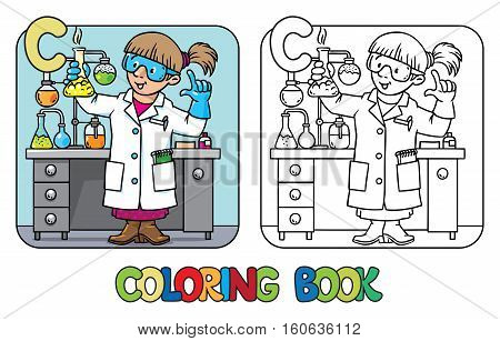 Coloring picture or coloring book of funny chemist or scientist. A woman in glasses dressed in a lab coat and gloves with retort or vial. Profession ABC. Childrens vector illustration. Alphabet C