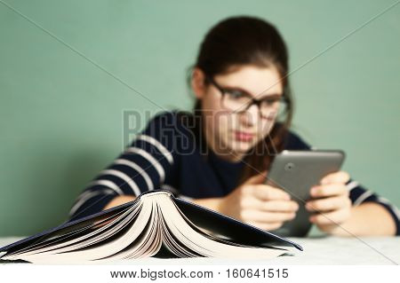 Teenager Girl In Myopia Glasses Play Online Game