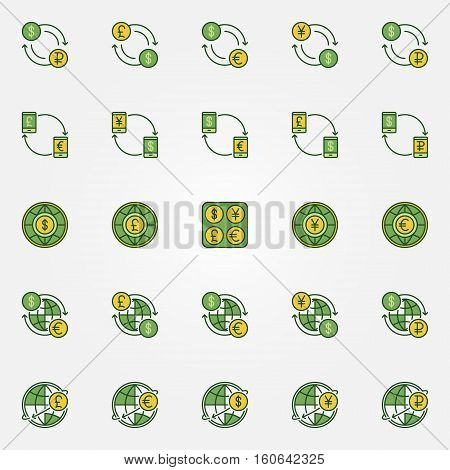 Colorful currency exchange icons. Vector dollar, euro, ruble, pound and yen currency green symbols. World money symbols