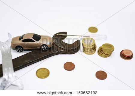 Abstract composition of broken car and repair process.