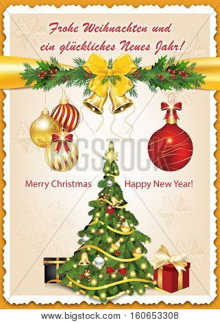 Frohliche Weihnachten und Gluckliches Neues Jahr! - German classic greeting card for Christmas and New Year. 'Merry Christmas and Happy New Year'. Print colors used. Size of a postcard.