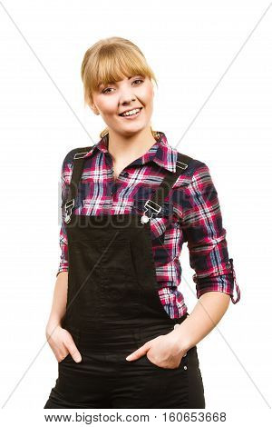 Smiling Standing Woman Wearing Dungarees And Shirt