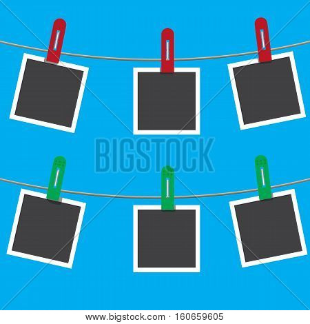 Blank photo frames on a clothesline. Vector illustration.