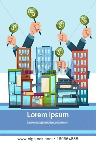 Hand Group Hold Green Money Business Funding Modern City Office Center Flat Vector Illustration