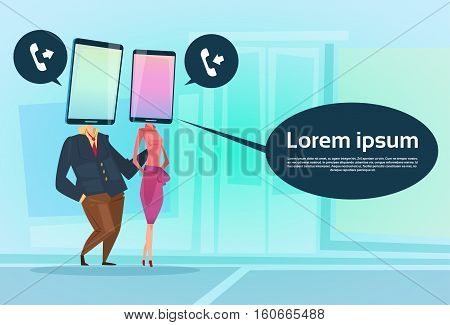 Couple Speak Cell Smart Phone Head Social Network Communication Flat Vector Illustration