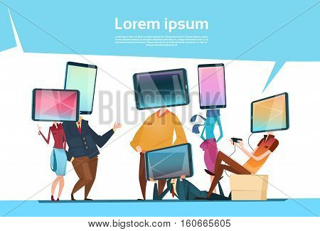 People Group Cell Smart Phone Head Social Network Communication Flat Vector Illustration