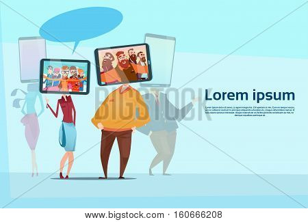 People Group Cell Smart Phone Head Social Network Communication Flat Vector Illustration