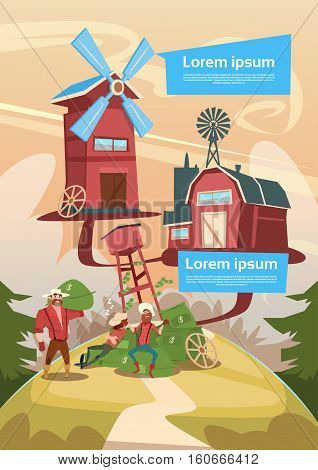 Rich Farmers Countryman With Money Sacks Farm Background Flat Vector Illustration