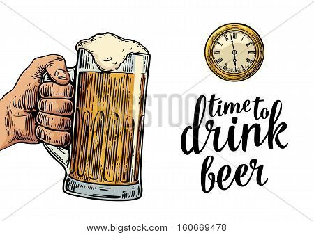 Male hand holding glass beer and antique pocket watch. Vintage vector engraving illustration for web poster invitation to party. Time to Drink lettering. Isolated on white background.