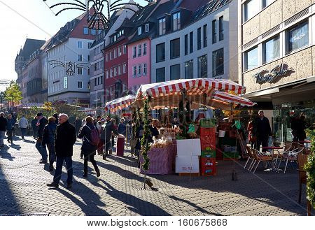 Nuremberg Germany - November 29 2016: Crowd of people on a Nuremberg's Christmas Market one of Germany's oldest Christmas fairs. Bavaria Germany