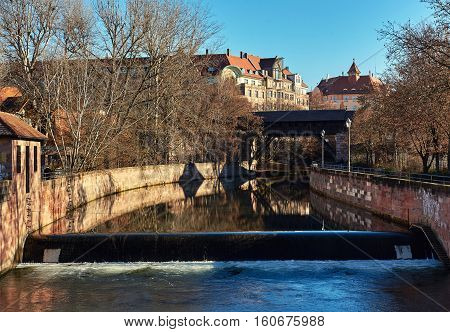 Ancient architecture and The Pegnitz river in Nuremberg Bavaria. Germany