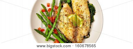 Baked Whitefish Tilapia Fish Fillet Isolated on White. Selective focus.