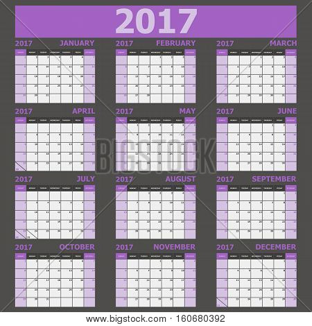 Calendar 2017 week starts on Sunday (purple tone), stock vector