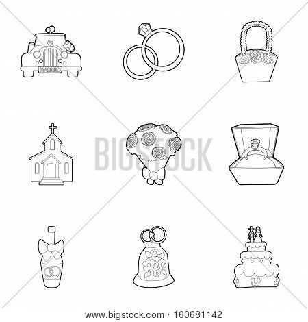 Wedding celebration icons set. Outline illustration of 9 wedding celebration vector icons for web