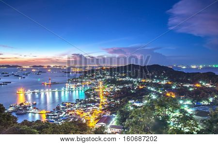 Top view point city of Koh Sichang jetty at morning sunrise