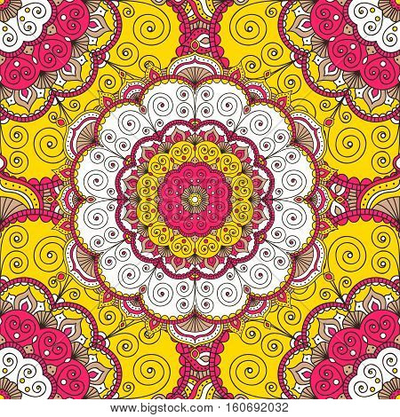 Vector seamless pattern with hand drawn doodle mandala. Indian tribal ornament. Yellow pink brawn and white colors. Colorful ethnic background.