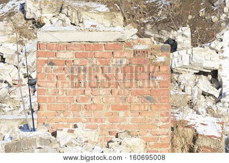 Destroyed brick construction old red brick wall backgrounds weathered brick wall horizontal background copyspace
