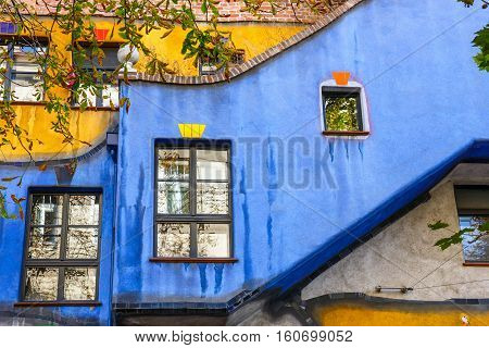 Vienna, Austria - October 14, 2016: Facade Of Huntdertwarsser House In Vienna. The Hundertwasser Hou