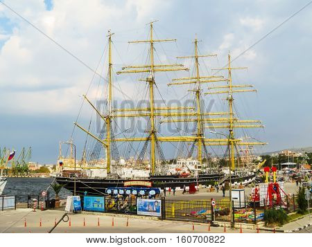 VARNA, BULGARIA - OCTOBER 04, 2016: Black Sea Tall Ships Regata 2016. Barque Kruzenstern mooring in the Sea Port Varna, Bulgaria