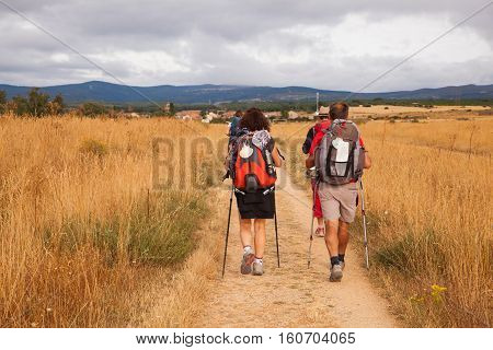 ASTORGA COUNTRYSIDE SPAIN - AUGUST 04: Pilgrimns along the way of St. James on August 03 2016