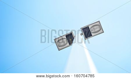 Spotligth lamp and outdoor area concept - Outdoor spotlight lamp on pole in park and outdoor area from bottom view and copy space