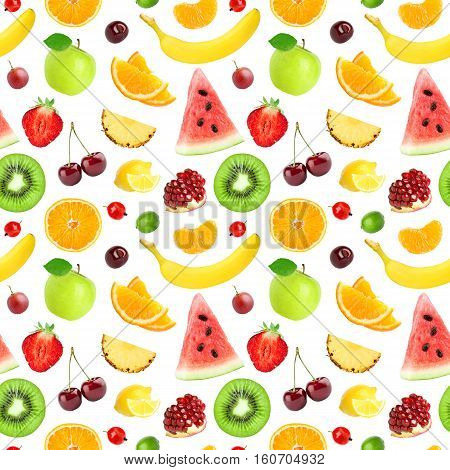 Fruits seamless pattern. Background of fresh kiwi apple orange banana lemon watermelon strawberry cherry. Healthy food