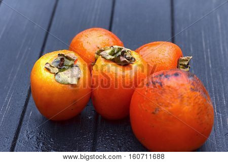 Persimmon, Fresh Ripe Persimmon On Wooden Table Fruits On Rustic Table, Tropical Fruit