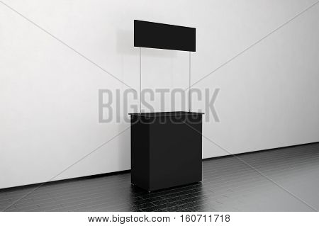 Blank black promo counter mockup stand near the wall side view 3d rendering. Empty promotional pop up exhibition mock up. Dark store portable desk template. Gray trade kiosk branding presentation.