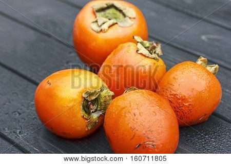Persimmon, Fresh Ripe Persimmon On Wooden Table Fruits On Rustic Table