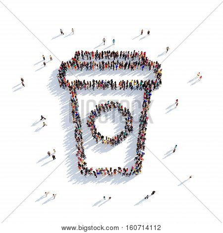 Large and creative group of people gathered together in the form of a coffee mug. 3D illustration, isolated against a white background. 3D-rendering.